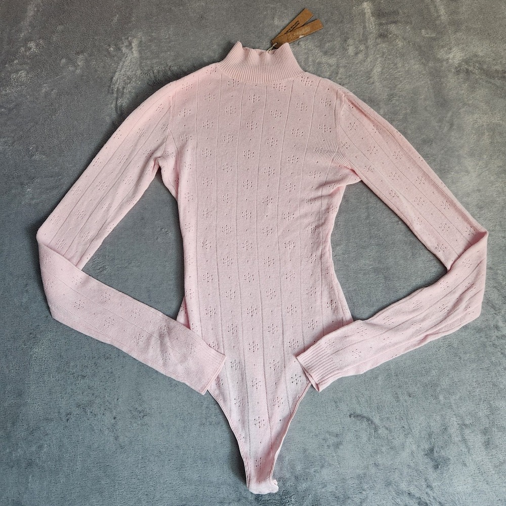 New SKIMS Sweater Pointelle Turtleneck Bodysuit Baby Pink XS NWT Rare Knit Thong